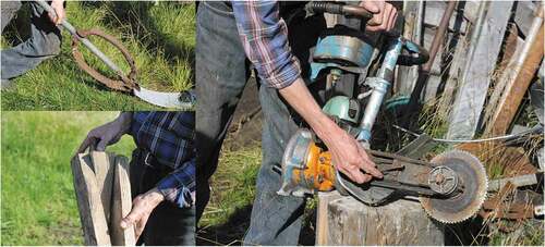 Figure 5. For working with the four-millimetre sheet metal, the local boat-makers crafted (top left) a bender (zagibulina) for shaping the beak and sides of the boat; (bottom left) a wooden vice for clamping workpieces in place; and (right) a new metal cutter for the ‘Druzhba’ gasoline chainsaw. Photos by Alexandra Raeva, August 2018.