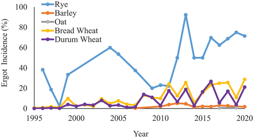 Fig. 1 Trends in annual ergot incidence (% of samples inspected in a year that contained ergot sclerotia) from 1995 to 2020 for Canadian cereal samples submitted to the Canadian Grain Commission Harvest Sample Program (Canadian Grain Commission Citation2022a).