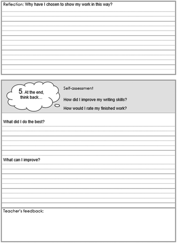 Figure 2. Page 4 of the Year 2 writing planning template: self-reflection sections