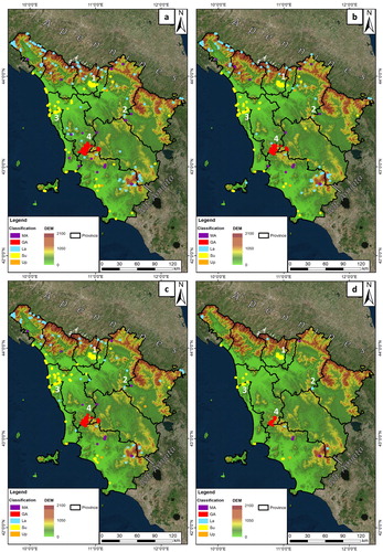 Figure 3. Cluster classification and TGPA maps. a): 1° period (October 2014 – April 2017); b): 2° period (October 2014 – October 2017); c): 3° period (October 2014 – April 2018); d): Temporal and Geometric Persistent Areas. GA: Geothermal Activity; La: Landslide; Su: Subsidence; MA: Mining Activity; Up: Uplift. (1) Firenze-Prato-Pistoia basin; (2) Cavriglia’s landslide; (3) Livorno freight terminal and (4) Larderello-Travale area. Source: Author.