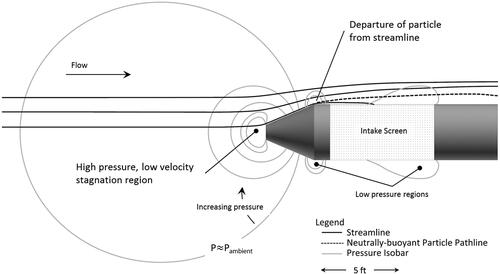 Figure 2. Conceptual view of flow streamlines and altered pressure and velocity around the upstream end of a cylindrical screen structure in a river, illustrating hydraulics of a ‘bow wave’ that would keep fish from entering a screen either hydraulically or by avoidance of pressure/velocity changes. Drawing by B. Mater.