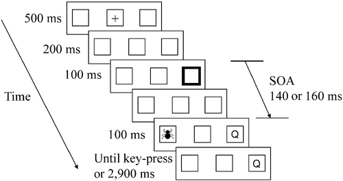 Figure 1.  An example of a valid trial in Experiment 1. A fixation cross appears for 500 ms, followed by a 200 ms blank interval. After the interval, one of the peripheral rectangles flashes for 100 ms. Following a variable SOA of 140 or 160 ms, a target letter appears in the cued peripheral rectangle. Simultaneously with the target's appearance, a distracting picture appears in the other peripheral rectangle for 100 ms (ms, milliseconds; SOA, stimulus onset asynchrony).