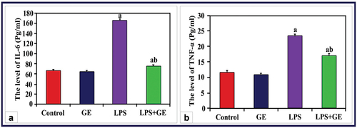 Figure 1. The levels of serum IL-6 and TNF-α (Pg/ml) among the studied groups of male rats (a: significance with control, b: significance with LPS group).