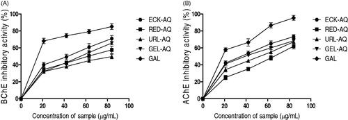 Figure 4. Cholinesterase inhibitory activities of seaweed extracts. (A) BChE inhibitory activity (%). (B) AChE inhibitory activity (%). GAL: Galanthamine.