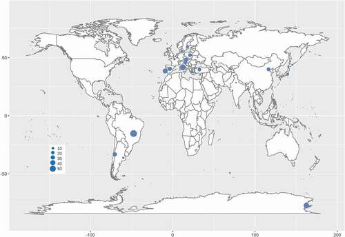 Figure 2. Distribution of rock-inhabiting fungi. Size of blue circles represents the genus number of rock-inhabiting fungi.