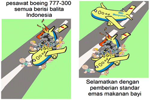 Figure 2. Translation: ‘On a Boeing 777-300 airplane filled with Indonesia’s toddlers, salvation is given to those who receive the gold standard food for babies’. From the presentation IMD & rawat gabung (Early initiation of breastfeeding and rooming-in) (AIMI, Citation2014a).