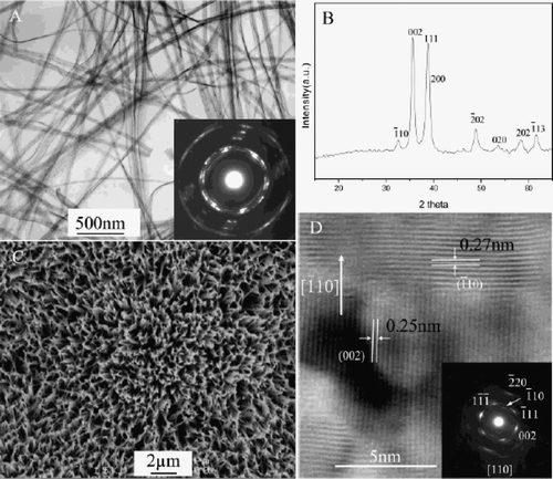 Figure 30. TEM image (a), XRD pattern (b), SEM image (c), and HRTEM image (d) of CuO nanoribbons converted from the Cu(OH)2 nanoribbons by heat treatment. Inset of part A: SAED pattern of an ensemble of CuO nanoribbons. Inset of part D: SAED pattern of a single CuO nanoribbon Citation54.