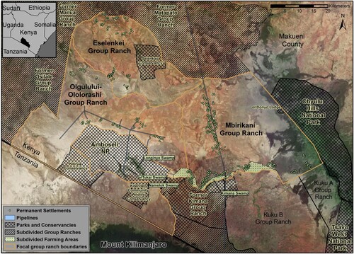 Figure 1. Map of the study area and the three focal group ranches.