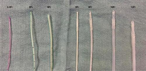 Figure 2 Urinary diversions – urethral stents and urinary catheters. Left half of picture represents feeding tubes which may be fashioned into urethral stents, ranging 3.5–8 Fr. On the right half of the picture are various catheters, 6–12 Fr.