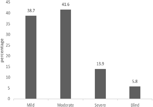 Figure 3 Category of visual impairment among hypertensive patients at Debre Markos, Felege Hiwot, and Debre Tabor referral hospitals, Amhara regional state, Ethiopia, 2021.