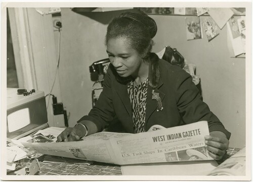 Claudia reading the West Indian Gazette. Image sourced from the Schomburg Center for Research in Black Culture, Photographs and Prints Division, New York Public Library: ‘Claudia Jones reading the West Indian Gazette, London, 1960s’, New York Public Library Digital Collections. https://digitalcollections.nypl.org/items/8e0c7013-086c-11df-e040-e00a18064afe