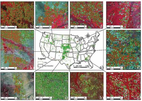 Figure 11. The distribution of CPIS in the contiguous US (b). b-j is the detailed map in Washington, Idaho, Nebraska, Wisconsin, Kansas, Georgia, Lower of Texas, upper of Texas, Arizona, and Colorado.