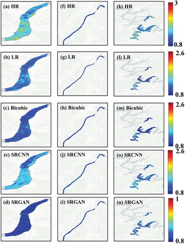 Figure 10. Spatial distribution maps of different SR algorithms were used to the band ratio (B05/B04) for estimation of the Chl-a concentration ratio. These maps indicate September 30, 2019, for the downstream (a–e), midstream (f–j), and upstream (k–o) of the Geum River.