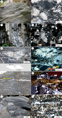 Figure 3. Field and microscopic photos of migmatite, gneiss and mylonite in ASRR shear system.
