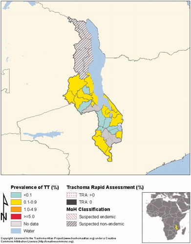 FIGURE 3. Prevalence of trachomatous trichiasis (TT) in Malawi, according to the most recent survey data, including those reported in the current manuscript. TRA, trachoma rapid assessment; MoH, Ministry of Health.
