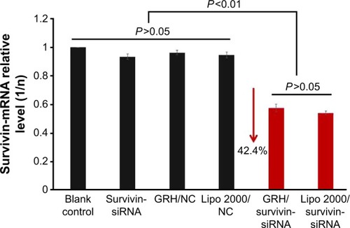 Figure 10 Survivin mRNA expression of GRH/survivin-siRNA-treated MCF-7 cells. Note: Data are presented as average ± SD, n=3.