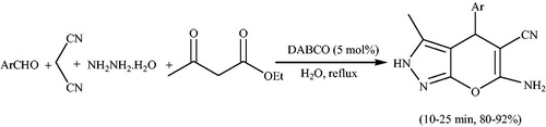 Scheme 56. Synthesis of dihydropyrano[2,3-c]pyrazole derivatives using DABCO.