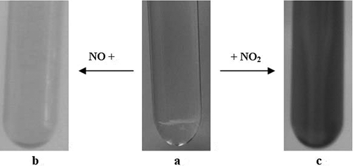 Figure 3. The color change of caprolactam tetrabutyl ammonium bromide ionic liquids with different concentrations of NOx. (a) Caprolactam tetrabutyl ammonium bromide ionic liquid; (b) after bubbling NO for 20 min; (c) after bubbling NO2 for 20 min.