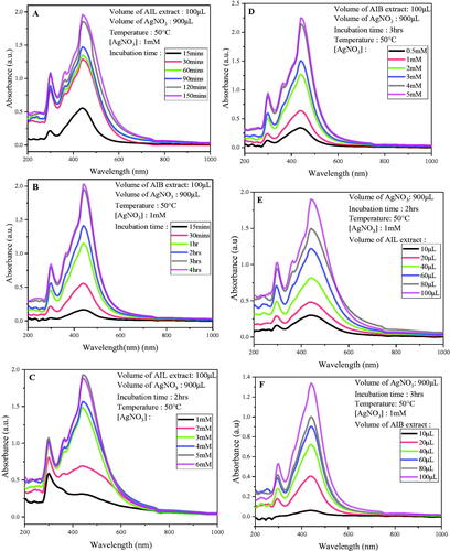 Figure 1. Optimization of biosynthesis AgNPs using A. indica leaves and bark aqueous extract by monitoring UV–Visible absorption spectra: Effects of incubation time (A: leaves; B: bark); AgNO3 concentration (C: leaves; D: bark); Extract concentration (E: leaves; F: bark) and Temperature (G: leaves; H: bark).