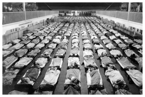 Figure 2. Scenes like the one above, from the Naval Training Station, San Francisco, California, depicting row on row of cots filled with infected patients, were common during the 1918 influenza pandemic. History must not be permitted to repeat itself, either through ignorance or neglect. Photo credit: U.S. Naval Center.