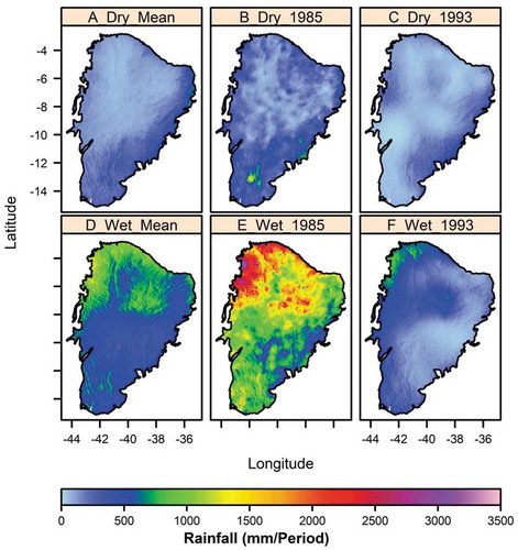 Figure 6. Spatial distribution of the dry (upper) and rainy (lower) periods for the climatological mean (a and b), the year 1985 (wetter) (c and d), and the year 2012 (drier) (e and f) for the Caatinga biome.