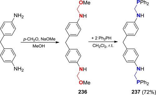Scheme 137. Stepwise phospha-Mannich reaction of 4,4′-methylenedianiline with Ph2PH.[Citation430]
