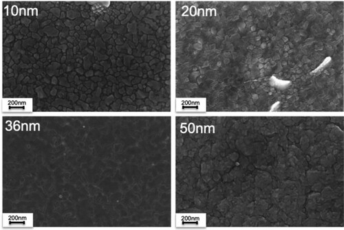 Figure 2. Top view SEM images of Cr2AlC thin films on MgO(111) deposited at 600°C for different thicknesses.