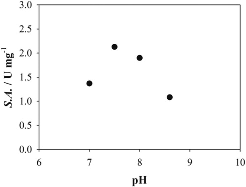 Figure 1. pH dependence of FSA A129G (50 mmol dm−3 TEA HCl buffer pH 7.0, 7.5, 8.0, 50 mmol dm−3 glycine NaOH pH 8.6, 25 °C, γFSA = 0.84 mg cm−3, c2 = 201.1 mmol dm−3, c1 = 100.2 mmol dm−3).