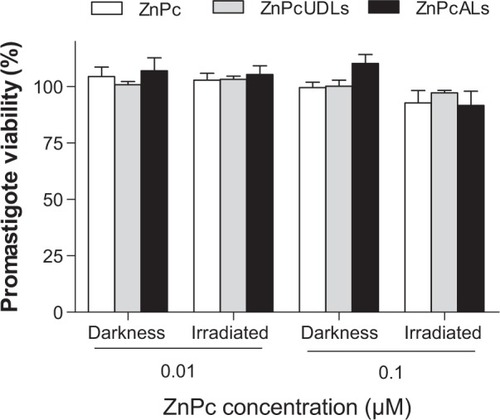 Figure 3 Cytotoxicity of free and liposomal ZnPc on Leishmania braziliensis promastigotes in the darkness and after irradiation.Notes: L. braziliensis promastigotes were incubated with 0.01 μM and 0.1 μM of ZnPc, ZnPcUDLs, and ZnPcALs for 24 hours in Schneider’s Insect Medium (Sigma Aldrich, St Louis, MO, USA) at 26°C. Half the parasites were kept in darkness, and half were irradiated. After irradiation, parasites were incubated for 24 hours in growth medium. Cell survival was determined by the 3-(4,5-dimethylthiazol-2-yl)-2,5-diphenyltetrazolium bromide assay. Values represent means ± standard deviation (n=3).Abbreviations: ZnPc, zinc phthalocyanine; ZnPcUDLs, ZnPc containing ultradeformable liposomes; ZnPcALs, ZnPc and archaeolipids containing liposomes.