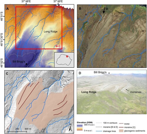 Figure 6. (A) The hillshade and DSM used for mapping the lower reaches of Long Ridge (inset shows the location on an island scale). (B) The WV2 satellite imagery and the moraines identified on the flanks of Long Ridge. The black arrow indicated the perspective of the photograph in D. (C) The geomorphological mapping symbols used for moraines, glaciogenic sediments and scarp features, here overlain on the hillshade. (D) A field photograph of the moraines on the north western flank of Long Ridge.