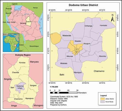 Figure 3. The study area (i.e. the Labelled Wards) sampled from 19 Rural Wards in Dodoma Urban District.