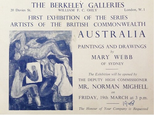 Mary Webb exhibition invitation card, Berkeley Galleries, 1948, Mary Webb Papers, National Art Archive at the Art Gallery of New South Wales