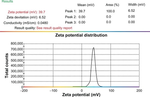Figure 2 Zeta potential of CXCR4 siRNAI, II/dextran-spermine.Notes: The zeta potential of particles was calculated at a weight-mixing ratio of 1:5 (CXCR4 siRNAI, II to dextran-spermine). The average of zeta potential was 39.7 ± 0.2 mV.