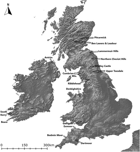 Fig 1 Topographic map showing the location of areas and sites mentioned in the text. Map by author.