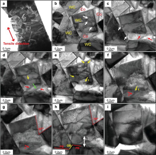 Figure 1. In situ TEM observations of fracture behavior of WC–Co cemented carbide: (a)–(i) follows the time sequence of the tensile test. Dislocations in Co and WC are indicated by red and yellow arrows, respectively.