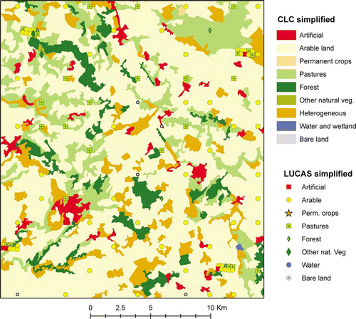 Figure 1.  Scale differences between CLC and LUCAS in a mixed area in Central France.