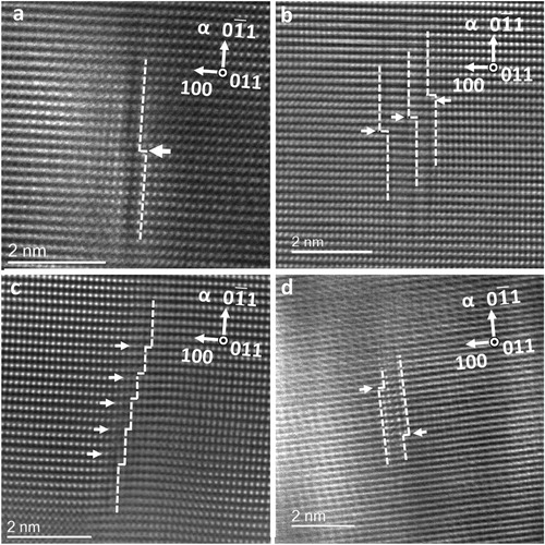 Figure 3. STEM-HAADF images of VC after deformation: a., b. and c. Ex-situ uniaxial tensile test and d. In-situ compression of pillars. Arrows indicate the steps at the particle/matrix interfaces. The matrix is imaged down the [011]α zone axis.