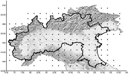 Figure 1. Geographical map of the North Italy. The dark points represent the regular grid of 30 × 30 km from the agro-weather national database (BDAN) used in the study. The marked area corresponds to the production area indicated in the production specification rules of Grana Padano cheese (www.granapadano.it).