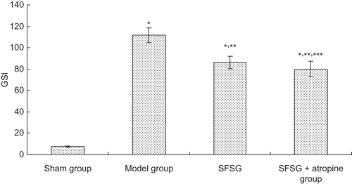 Figure 1. Glomerulosclerosis index.Note: *p < 0.05 compared with sham group; **p < 0.05 compared with model group; ***p < 0.05 compared with SFSG group.