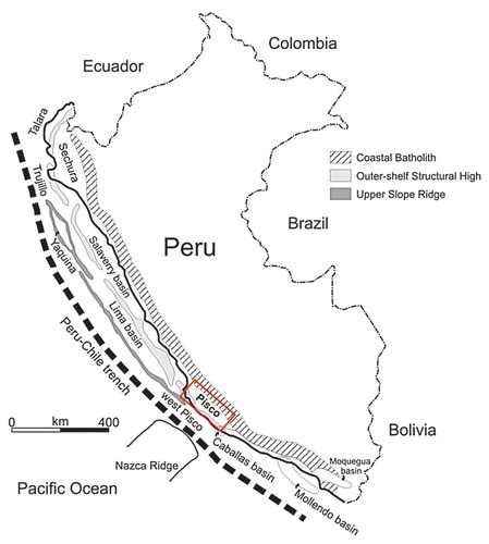 Figure 1. Map of the major structural trends and basins of coastal Peru, redrawn and modified from CitationTravis, Gonzales, and Pardo (1976) and CitationThornburg and Kulm (1981).