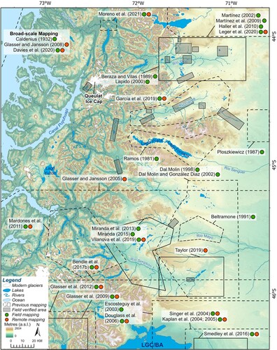 Figure 2. The location of published mapping between 44° and 46°S. Mapping type has been included: field or remotely sensed, as well as mapping extent. Where detailed maps or georeferenced locations were not available (Table 1), mapping extent has been estimated according to the data that has been described in each publication (legend: previous mapping). Areas that were field verified in this study have also been included (grey boxes). Modern ice extent from RGI v. 6.0, region 17 (CitationArendt et al., Citation2017). LGC/BA: Lago General Carrera-Buenos Aires.