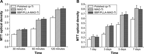 Figure 7 (A) MTT optical density, measured after culture for 30, 60, and 120 minutes. (B) MTT optical density, measured after culture for 1, 3, 5, and 7 days.Abbreviations: BBF/PLLA-MAO-Ti, cross-linking (Z-)-4-bromo-5-(bromomethylene)-2(5H)-furanone loaded poly(L-lactic acid) nanoparticles with gelatin on microarc-oxidized titanium; cp-Ti, commercially pure Ti; MAO-Ti, microarc-oxidized titanium; MTT, 3-(4,5-Dimethylthiazol-2-yl)-2,5-diphenyltetrazolium bromide.