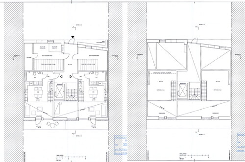 Figure 1. Example of a floor plan with lofts in the Vallastaden neighbourhood. To the left: the ground floor with two studios and lofts (Swedish: entresol), and communal spaces for bicycles, wheelchairs and stroller storage, entrance, elevator and staircase. To the right: first floor with two lofts and vertical open space in the studios and communal spaces (Source: Linköping Municipality, Citation2015).