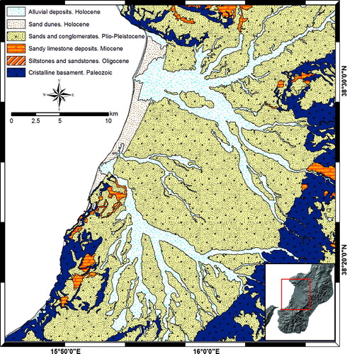 Figure 2. Geological map (1:25,000 scale) of the Gioia Tauro Plain (modified from AA.VV., Citation1958–1962).