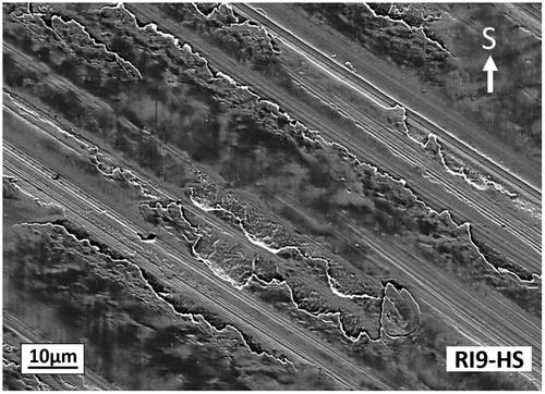 Figure 3. Morphology of micropitting. “S” in the micrographs indicates the sliding direction.