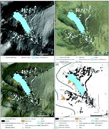 Figure 3. Example of the mapping process for Loch Skene. (a) NEXTMap (b) aerial photographs (c) NEXTMap features mapped using aerial photographs overlaid (∼30% transparency) and field mapping and (d) final map production using all three methods. Keys for the respective mapping are below A–D. Hillshade models in A and C were produced using the NEXTMap DSM and contours in D were derived from the NEXTMap DTM (Intermap Technologies Inc. provided by NERC via the British Geological Survey).