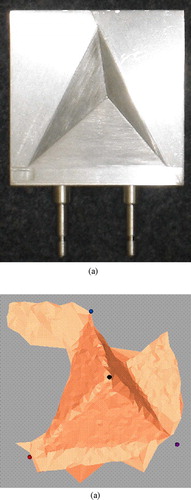 Figure 7. The registration jig. (a) Photograph. (b) A scan showing the four vertex points. [colour version available online.]