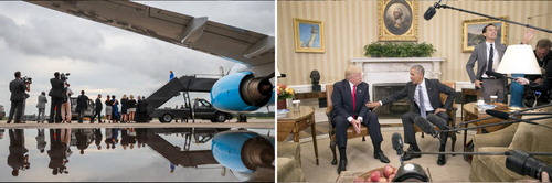 Figure 2. Visualizations of media response to Clinton and Trump. Photographs: Left: Mills (Citation2016), Right: Crowley (Citation2016).