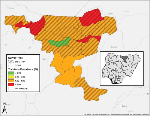 Figure 2. Prevalence of trichiasis in ≥15-year-olds, by LGA, Jigawa State, Nigeria, June and July, 2013. GTMP: Global Trachoma Mapping Project.