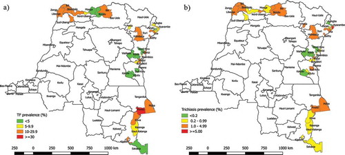 Figure 2. Location of provinces and health zones surveyed and prevalence of (a) trachomatous inflammation–follicular (TF) in children aged 1–9 years, and (b) trichiasis in adults aged ≥15 years, Global Trachoma Mapping Project, Democratic Republic of the Congo, 2014–2016.